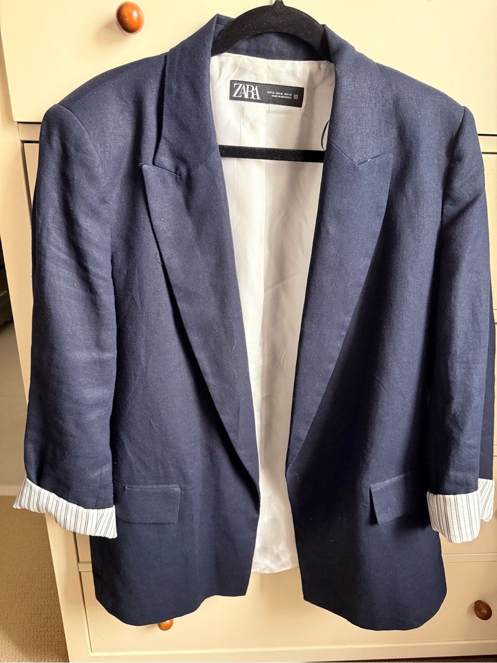 Zara Linen Blend Dark Navy Single-Breasted Blazer